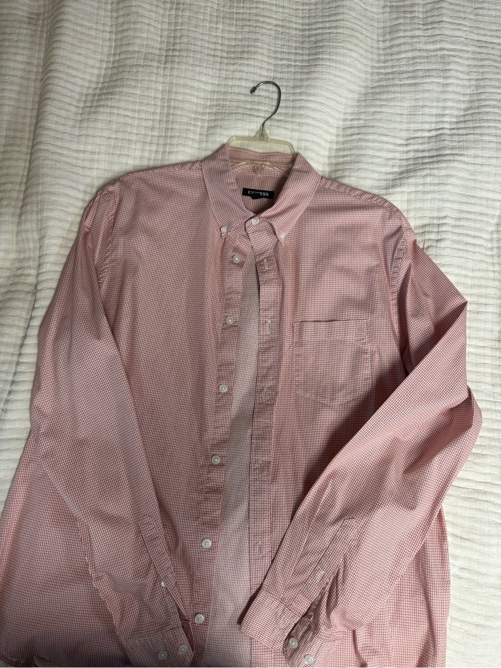Express Men’s Light Pink-Red Micro-Check Button-Up Shirt Size L